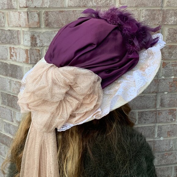 Victorian Edwardian Feather Floral Touring Riding Hat with Long Train - Picture 6 of 12